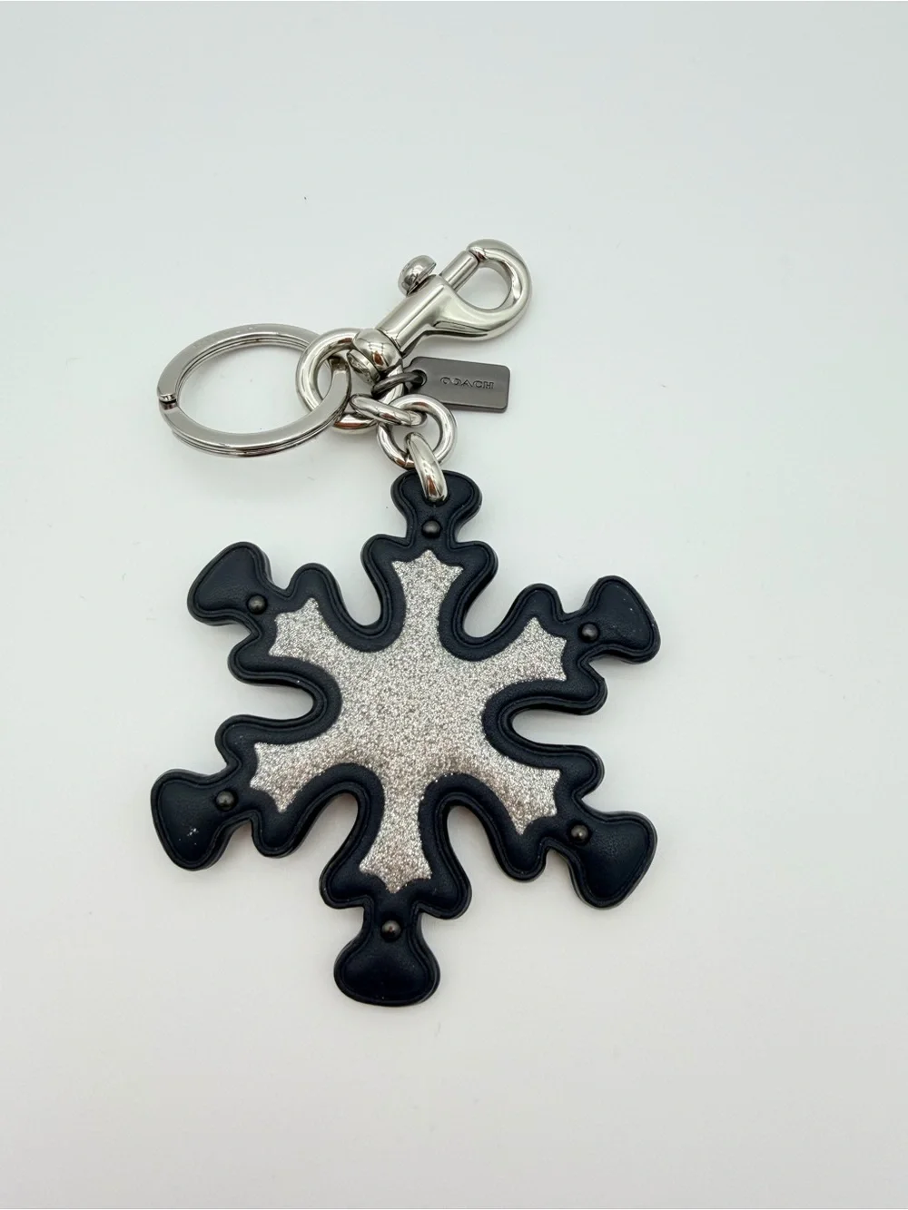 Coach Dark Navy  Leather Snowflake Keyring with Silver Glitter